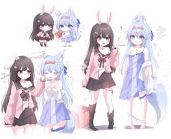 Rule 34 | !, 2girls, ?, animal ears, armpit crease, bare shoulders, black skirt, blue nightgown, brown eyes, brown hair, cheek pinching, chibi, collarbone, commentary request, commission, fake animal ears, full body, gift, hair between eyes, hair ornament, hairclip, highres, honyang, incoming gift, jewelry, long bangs, long hair, long sleeves, looking at another, miniskirt, multiple girls, multiple views, neck ribbon, necklace, nightgown, no panties, off shoulder, original, own hands together, panties, panties around ankles, panty pull, pendant, pinching, pink shirt, rabbit ears, rabbit hair ornament, rainbow hairband, ribbon, shirt, simple background, skirt, sleeves past fingers, sleeves past wrists, sparkle, spoken exclamation mark, spoken question mark, strap slip, thigh strap, translation request, underwear, variant set, white background, white shirt