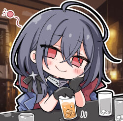 Rule 34 | 1girl, ahoge, alcohol, azur lane, black gloves, black hair, black ribbon, chibi, closed mouth, crossed bangs, cup, drunk, gloves, hair ribbon, hand on own cheek, hand on own face, holding, holding cup, ice, ice cube, looking at viewer, medium hair, nejikirio, official art, pittsburgh (azur lane), red eyes, ribbon, smile, solo