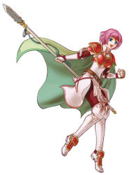 Rule 34 | 1girl, armor, blue eyes, boots, cape, fire emblem, fire emblem: path of radiance, fire emblem: radiant dawn, highres, kita senri, marcia (fire emblem), nintendo, official art, pegasus knight uniform (fire emblem), pink hair, polearm, short hair, simple background, solo, spear, thigh boots, thighhighs, weapon, white background