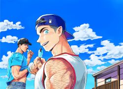 Rule 34 | 1boy, abs, alternate costume, arm hair, backwards hat, bara, baseball cap, billy russell (dickfish), blue eyes, blue shirt, blush, bulge, casual, clothes lift, cloud, cloudy sky, denim, dickfish (fishismdick), food in mouth, glasses, hat, highres, jeans, john rottweil (dickfish), large pectorals, lifting own clothes, looking at viewer, male focus, mature male, muscular, muscular male, navel, navel hair, nipples, original, pants, pectorals, popsicle, popsicle in mouth, shirt, shirt lift, short hair, sideburns, sky, sleeveless, sleeveless shirt, solo, stomach, sunlight, sweat, thick thighs, thighs, topless male, upper body
