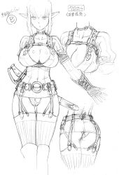 Rule 34 | 1girl, armlet, belt, breasts, character sheet, choker, cleavage, curvy, earrings, elf, fingerless gloves, garter belt, gloves, greyscale, highres, hoop earrings, jewelry, large breasts, legs, monochrome, no pants, original, po-ju, pointy ears, saber (weapon), sheath, sheathed, sketch, solo, sword, thighhighs, thighs, translation request, unfinished, weapon