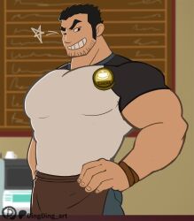 Rule 34 | 1boy, apron, bara, barista, beard stubble, black hair, dingding art, facial hair, grin, highres, huge eyebrows, huge pectorals, indoors, large hands, looking at viewer, lucas lee, male focus, muscular, muscular male, one eye closed, scott pilgrim (series), scott pilgrim takes off, shirt, short hair, short sleeves, sideways glance, smile, solo, stubble, t-shirt, tight clothes, tight shirt, waist apron, wink star