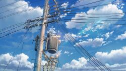 Rule 34 | blue sky, cloud, cloudy sky, commentary, day, lens flare, light rays, mtda3235, no humans, original, outdoors, power lines, scenery, sky, transformer, utility pole