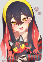 Rule 34 | 1girl, :d, alternate costume, black hair, blush, carmine (pokemon), collarbone, commentary request, creatures (company), eyelashes, game freak, gen 7 pokemon, grey background, hairband, happy, highres, holding, holding pokemon, litten, long sleeves, looking at viewer, mole, mole under eye, multicolored hair, ninkou tan, nintendo, off-shoulder shirt, off shoulder, open mouth, paw print, pokemon, pokemon (creature), pokemon sv, red hair, shirt, sleeves past wrists, smile, striped clothes, striped shirt, teeth, tongue, two-tone hair, upper teeth only, yellow eyes, yellow hairband