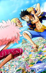 Rule 34 | 2boys, abs, absurdres, angry, blue sky, building, city, clenched hand, creepy, donquixote doflamingo, evil grin, evil smile, feather trim, full body, grin, hat, highres, incoming attack, jacket, jumping, manly, monkey d. luffy, multiple boys, muscular, muscular male, official art, one piece, open clothes, open jacket, open mouth, open shirt, open vest, pectorals, sandals, scan, scar, shaded face, short hair, size difference, sky, smile, straw hat, sunglasses, teeth, topless male, vest, zoom layer