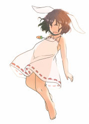 Rule 34 | 1girl, :d, adapted costume, alternate costume, animal ears, arm at side, armpit crease, backlighting, bare arms, bare shoulders, barefoot, black hair, bloom, blush, carrot, carrot necklace, casual, collarbone, dress, floating hair, floppy ears, from side, full body, inaba tewi, jewelry, jumping, leg up, looking at viewer, looking to the side, necklace, no nose, open mouth, pendant, pleated dress, rabbit ears, rangycrow, red eyes, ribbon-trimmed dress, ribbon trim, see-through silhouette, short hair, simple background, sleeveless, sleeveless dress, smile, solo, spaghetti strap, sunlight, tan, touhou, wavy hair, white background, white dress, | |