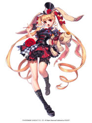 Rule 34 | 1girl, animal ears, black footwear, blonde hair, boots, candy, chaos online, company name, copyright name, cross-laced footwear, dress, food, frills, full body, hat, highres, lace-up boots, lollipop, long hair, love cacao, nakacha (chaos heroes online), nakacha (chaos online), official art, open mouth, rabbit ears, red eyes, ribbon, simple background, solo, standing, standing on one leg, stuffed animal, stuffed rabbit, stuffed toy, thigh strap, twintails, very long hair, white background