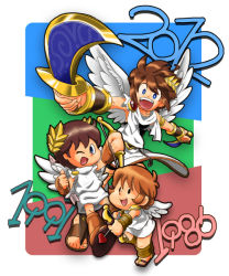 Rule 34 | 1boy, arrow (projectile), bow (weapon), brown hair, child, dual wielding, feathered wings, holding, image sample, kid icarus, male focus, multiple persona, nintendo, pit (kid icarus), pixiv sample, resized, sandals, solo, sword, then and now, toga, weapon, wings