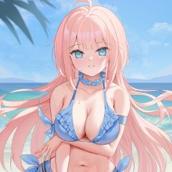 Rule 34 | 1girl, absurdres, ahoge, arm strap, bikini, blue bikini, blue choker, blue eyes, blunt bangs, breast rest, breasts, choker, cleavage, collarbone, commentary request, day, floating hair, grin, halterneck, highres, large breasts, long hair, looking at viewer, mole, mole under eye, navel, original, outdoors, pink hair, skindentation, smile, solo, swimsuit, upper body, very long hair, zhongwu chahui