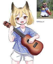 Rule 34 | 1girl, :d, absurdres, animal ears, artist name, blonde hair, brown eyes, child, collarbone, commentary, dog, dog ears, fang, highres, holding, holding instrument, instrument, music, nisp art, open mouth, original, photo inset, playing instrument, russian commentary, shirt, shorts, simple background, smile, solo, striped clothes, striped shirt, telnyashka, ukulele, white background, white shorts