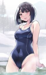 Rule 34 | 1girl, arm support, black hair, blue one-piece swimsuit, breasts, commentary request, competition school swimsuit, covered navel, cowboy shot, gluteal fold, highres, looking at viewer, medium breasts, one-piece swimsuit, original, red eyes, school swimsuit, shiruco, short hair, smile, solo, swimsuit, water