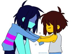 Rule 34 | 2others, = =, armor, blue hair, blue skin, borrowed clothes, brown hair, colored skin, deltarune, frisk (undertale), kris (deltarune), long sleeves, messy hair, multiple others, nenekantoku, other focus, shaded face, shirt, simple background, striped clothes, striped shirt, tying, undershirt, undertale, upper body, white background, yellow skin