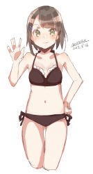 Rule 34 | 1girl, bare arms, bare shoulders, bikini, blush, breasts, brown bikini, brown eyes, brown hair, closed mouth, collarbone, cropped legs, dated, gluteal fold, hair ornament, hairclip, hand on own hip, maze (gochama ze gohan), navel, original, side-tie bikini bottom, signature, simple background, sketch, small breasts, smile, solo, swimsuit, thigh gap, white background