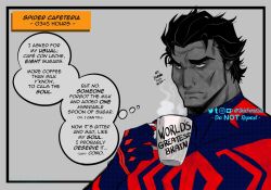 Rule 34 | 1boy, artist name, bodysuit, coffee, cup, english text, fang, formal, greyscale, highres, male focus, manly, marvel, mature male, miguel o&#039;hara, monochrome, mug, red eyes, shinfuransan, short hair, signature, solo, spanish text, spider-man: across the spider-verse, spider-man (2099), spider-man (series), spider-verse, suit, thick eyebrows, thought bubble, tight clothes
