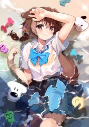 Rule 34 | 1girl, animal ears, arm on own head, beach, blue bow, blue bowtie, blue skirt, blush, bow, bowtie, braid, brown eyes, brown hair, closed mouth, collared shirt, commentary request, dog ears, dog girl, dog tail, hair between eyes, highres, hololive, inugami korone, long hair, looking at viewer, low twin braids, lying, on back, partially submerged, pleated skirt, shirt, short sleeves, skirt, smile, solo, tail, takumin dx, twin braids, virtual youtuber, water, wet, wet clothes, wet shirt, white shirt