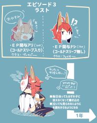 Rule 34 | !?, 1boy, 1girl, ahoge, animal ears, blush stickers, caltina (pepekekeko), closed eyes, comic, commentary request, fox ears, fox mask, hair between eyes, hair ornament, hairclip, hands on own knees, headgear, highres, jacket, kerchief, knees up, mask, open mouth, orange eyes, orange hair, pekeko (pepekekeko), phantasy star, phantasy star online 2, shima (pepekekeko), short hair, smile, tears, thighhighs, thought bubble, translation request