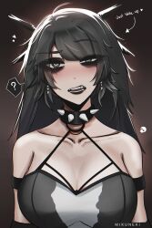 Rule 34 | 1girl, ?, absurdres, arm strap, artist name, black collar, black eyeshadow, black hair, black lips, breasts, cleavage, collar, collarbone, copyright request, earrings, english text, eyeshadow, highres, jewelry, large breasts, long hair, makeup, mikuneki, open mouth, skull, solo, spiked collar, spikes, spoken question mark, teeth, two-tone dress, upper body