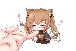 Rule 34 | 1girl, :3, animal ear fluff, animal ears, armband, bad id, bad pixiv id, black jacket, black legwear, blush, brown hair, cat ears, cat tail, chibi, closed eyes, girls&#039; frontline, hand on another&#039;s chin, honyang, hood, hooded jacket, jacket, long hair, long sleeves, mini person, minigirl, scar, scar across eye, scar on face, seiza, simple background, sitting, skirt, solo focus, stroking another&#039;s chin, tail, ump9 (girls&#039; frontline), white background