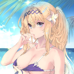 Rule 34 | 1girl, bare shoulders, beach, bikini, bikini pull, blonde hair, blue eyes, blush, breasts, cleavage, clothes pull, collarbone, commentary request, day, flower, granblue fantasy, hair between eyes, hair flower, hair ornament, hairband, hand up, highres, horizon, jeanne d&#039;arc (granblue fantasy), large breasts, lips, looking at viewer, naruse hirofumi, ocean, palm tree, parted lips, ponytail, purple bikini, sidelocks, sky, solo, swimsuit, tree, upper body, white flower