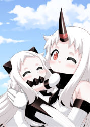 Rule 34 | 2girls, ^ ^, abyssal ship, claws, closed eyes, detached sleeves, horns, hug, kantai collection, long hair, long sleeves, mittens, multiple girls, northern ocean princess, one eye closed, pale skin, red eyes, ribbed sweater, seaport princess, single horn, sweater, white hair, white mittens, yamato nadeshiko