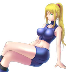 Rule 34 | 1girl, arm support, ass, bad id, bad pixiv id, bare shoulders, bike shorts, blonde hair, boots, breasts, collarbone, crop top, crossed legs, from side, green eyes, half-closed eyes, halterneck, high ponytail, highres, impossible clothes, invisible chair, kukua (mosushi), large breasts, lips, long hair, looking at viewer, metroid, metroid fusion, midriff, navel, nintendo, parted lips, ponytail, samus aran, scrunchie, shorts, sidelocks, simple background, sitting, solo, sports bra, super smash bros., turtleneck, white background