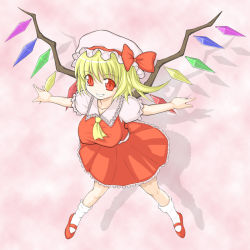 Rule 34 | 1girl, alternate breast size, ascot, blonde hair, breasts, crystal, female focus, flandre scarlet, full body, hat, large breasts, legs apart, mob cap, oppai loli, pink background, red eyes, shirt, socks, solo, taut clothes, taut shirt, touhou, white socks, wings, yellow ascot