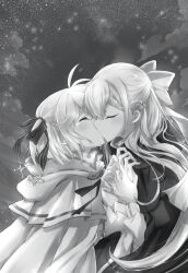 Rule 34 | 2girls, anisphia wynn palettia, cape, capelet, chinese commentary, closed eyes, commentary request, crying, dress, euphyllia magenta, from side, greyscale, hair ribbon, highres, holding hands, hood, hooded capelet, kiss, long hair, medium hair, monochrome, multiple girls, night, outdoors, qqwan120, ribbon, sky, star (sky), starry sky, tears, tensei oujo to tensai reijou no mahou kakumei, upper body, yuri