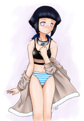 Rule 34 | artist request, bra, embarrassed, fishnets, highres, hyuuga hinata, legs together, lingerie, naruto, naruto (series), no pants, panties, simple background, solo, standing, striped clothes, striped panties, underwear, white background