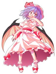 Rule 34 | 1girl, alphes (style), bat wings, blue hair, bow, dairi, dress, frilled dress, frills, full body, hat, hat bow, mob cap, parody, pink dress, red bow, red eyes, red ribbon, remilia scarlet, ribbon, short hair, solo, style parody, touhou, transparent background, wings