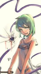 Rule 34 | 1girl, blood, broken, cleavage cutout, clothing cutout, eyeball, green eyes, green hair, hammer, heart, heart-shaped pupils, komeiji koishi, looking at viewer, matching hair/eyes, nightgown, no headwear, off shoulder, open mouth, panties, see-through, self-harm, short hair, simple background, sleeveless, smile, solo, string, symbol-shaped pupils, third eye, tmtl aos, touhou, underwear, upper body, white background