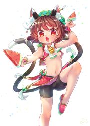 Rule 34 | 1girl, animal ears, bell, bow, breasts, brown hair, cat ears, cat girl, cat tail, chen, chinese clothes, commentary request, dual wielding, earrings, fang, food, green bow, green hat, hat, highres, holding, ibaraki natou, jewelry, jingle bell, leg up, looking at viewer, multiple tails, navel, nekomata, open mouth, popsicle, red eyes, shoes, short hair, simple background, small breasts, smile, solo, tail, touhou, two tails, watermelon bar, white background
