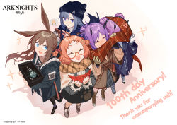 Rule 34 | 5girls, absurdres, ahoge, amiya (arknights), animal ears, arknights, artist request, beagle (arknights), black jacket, blue eyes, blush, brown hair, brown scarf, cellphone, closed eyes, commentary, copyright name, fang (arknights), full body, glasses, gloves, hair between eyes, hair ornament, hairclip, hibiscus (arknights), highres, holding, horns, jacket, knit hat, kroos (arknights), lava (arknights), long hair, long sleeves, multiple girls, necktie, open clothes, open jacket, open mouth, orange hair, pantyhose, phone, pointy ears, purple hair, rabbit ears, red-framed eyewear, red scarf, scarf, semi-rimless eyewear, shared clothes, shared scarf, shirt, short hair, siblings, sidelocks, sisters, skirt, smile, standing, striped clothes, striped scarf, under-rim eyewear, watermark, white gloves