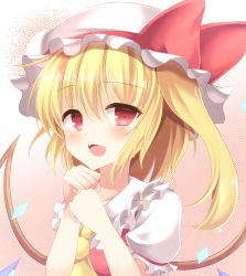 Rule 34 | 1girl, aibumi, bad id, bad pixiv id, blonde hair, blush, fang, flandre scarlet, hat, looking at viewer, open mouth, pen-zin, red eyes, side ponytail, solo, touhou, wings