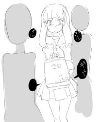 Rule 34 | 1girl, bag, blush, closed mouth, embarrassed, female focus, flat chest, greyscale, have to pee, holding, japanese text, legs together, long hair, long sleeves, looking at viewer, miniskirt, monochrome, neckerchief, nervous, original, pleated skirt, sailor collar, school uniform, serafuku, shirt, silhouette, simple background, sketch, skirt, solo focus, speech bubble, sweat, t=k, translation request, white background