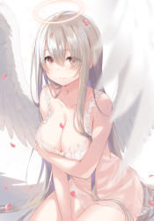 Rule 34 | 1girl, angel, angel wings, blurry, breasts, cleavage, closed mouth, collarbone, eyes visible through hair, halo, kurasawa moko, large breasts, long hair, looking at viewer, original, petals, red eyes, silver hair, simple background, sitting, smile, solo, white background, wings