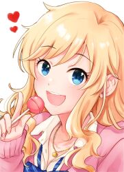 Rule 34 | 1girl, :d, blonde hair, blue bow, blue bowtie, blue eyes, bow, bowtie, candy, cardigan, collared shirt, food, heart, highres, holding, holding candy, holding food, holding lollipop, idolmaster, idolmaster cinderella girls, jewelry, lollipop, long hair, looking at viewer, loose bowtie, necklace, ohtsuki yui, open mouth, pink cardigan, portrait, shirt, sidelocks, simple background, smile, solo, tori ririisu, white background, white shirt