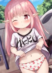 Rule 34 | 1girl, blush, bow, bow panties, closed mouth, clothes lift, clothes writing, collarbone, commentary request, cowboy shot, day, demon tail, english text, food print, highres, lifting own clothes, long hair, looking at viewer, mochiyuki, navel, one eye closed, original, outdoors, panties, pink hair, pointy ears, print panties, red eyes, shirt, shirt lift, short sleeves, solo, standing, strawberry panties, strawberry print, tail, underwear, very long hair, white panties, white shirt