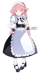 Rule 34 | 1girl, animal ears, apron, black dress, black footwear, blush, breasts, closed mouth, commentary, cup, dress, eyebrows hidden by hair, frilled apron, frills, girls&#039; frontline, hand on own hip, highres, holding, holding cup, juliet sleeves, long hair, long sleeves, maid, maid headdress, mary janes, medium breasts, ntw-20 (girls&#039; frontline), ntw-20 (the aristocrat experience) (girls&#039; frontline), official alternate costume, pantyhose, pink hair, puffy sleeves, red eyes, shirt, shoes, simple background, sleeveless, sleeveless dress, solo, tosyeo, very long hair, white apron, white background, white pantyhose, white shirt