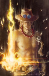 Rule 34 | 1boy, abs, absurdres, belt, black hair, buckle, cowboy hat, fire, goggles, goggles on headwear, hat, highres, huge filesize, jewelry, lens flare, male focus, mikael wang, necklace, one piece, portgas d. ace, topless male, skull, smile, solo, watermark, web address