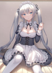 Rule 34 | 1girl, :o, alexmaster, apron, black dress, black ribbon, blue eyes, blush, breasts, cleavage, collar, commentary request, detached collar, dress, feet out of frame, frilled apron, frilled shirt collar, frills, hair between eyes, hand up, juliet sleeves, long sleeves, looking at viewer, maid, medium breasts, neck ribbon, on floor, original, pantyhose, parted lips, puffy sleeves, ribbon, silver hair, sitting, solo, twintails, waist apron, white apron, white collar, white pantyhose, wing collar, wooden floor