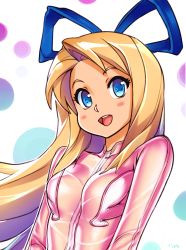 Rule 34 | 1girl, :d, bad id, bad tumblr id, blonde hair, blue eyes, blush, blush stickers, bodysuit, bow, breasts, disgaea, flonne, hair bow, hair ribbon, highres, long hair, looking at viewer, open mouth, optionaltypo, ribbon, small breasts, smile, solo, upper body
