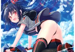 Rule 34 | 1girl, :d, absurdres, ass, azur lane, bent over, black hair, black thighhighs, blush, cloud, cloudy sky, day, fingerless gloves, gloves, hat, highres, huge filesize, jacket, long hair, looking at viewer, one side up, open mouth, red eyes, scan, sky, smile, solo, swimsuit, thighhighs, u-73 (azur lane), watercraft, yano mitsuki (nanairo)
