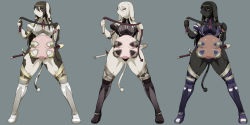 Rule 34 | 3girls, absurdres, armor, boots, cow, highres, multiple girls, qlinicx, red eyes, sword, tail, weapon