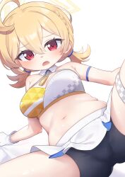 Rule 34 | 1girl, ahoge, bike shorts, black shorts, blonde hair, blue archive, braid, breasts, commentary request, criss-cross halter, detached collar, french braid, gloves, hair between eyes, halo, halterneck, highres, kokone (coconeeeco), kotori (blue archive), kotori (cheer squad) (blue archive), large breasts, looking at viewer, low twintails, medium hair, millennium cheerleader outfit (blue archive), navel, official alternate costume, open mouth, paid reward available, pleated skirt, red eyes, short shorts, short twintails, shorts, simple background, skirt, solo, sports bra, thigh strap, twintails, two-tone sports bra, white background, white gloves, white skirt, white sports bra, yellow halo, yellow sports bra
