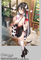 Rule 34 | 1girl, animal ears, ass, black footwear, black hair, breasts, butt crack, cellphone, cow ears, cow girl, cow horns, cow tail, drinking straw, drinking straw in mouth, evertale, hair ribbon, heart, high heels, highres, holding, holding phone, horns, large breasts, logo, long hair, looking at viewer, momoka (evertale), multicolored hair, official art, phone, plant, popqn, potted plant, red ribbon, ribbon, sign, smartphone, solo, tail, thighhighs, very long hair, white hair, white thighhighs, window, yellow eyes