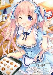 Rule 34 | 1girl, ;d, absurdres, anniversary, apron, blonde hair, blue dress, blue eyes, blush, bottle, bow, bowl, bowtie, breasts, cake, cleavage, collarbone, cookie, cowboy shot, detached collar, dress, food, garter straps, hair ribbon, hand up, highres, holding, index finger raised, long hair, looking at viewer, maid, maid headdress, medium breasts, mittens, one eye closed, open mouth, original, ribbon, salt shaker, scan, shelf, short sleeves, smile, solo, striped clothes, striped dress, suimya, table, tray, two side up, waist apron, wrist cuffs