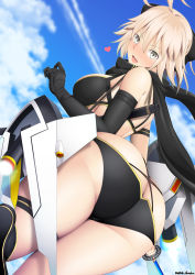 Rule 34 | 1girl, ahoge, ass, back, bare shoulders, bikini, black bikini, black bow, black gloves, black scarf, blonde hair, blue sky, blush, bow, breasts, butt crack, elbow gloves, fate/grand order, fate (series), flying, gloves, grey eyes, hair bow, heart, highleg, highleg bikini, highres, katana, large breasts, looking at viewer, looking back, multi-strapped bikini, okita j. souji (fate), okita j. souji (first ascension) (fate), okita souji (fate), okita souji (koha-ace), open mouth, scarf, sheath, short hair, sky, smile, solo, swimsuit, sword, thigh strap, thighs, unadon, weapon