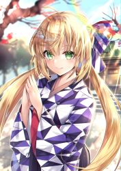 Rule 34 | 1girl, absurdres, artoria caster (fate), artoria caster (springtime koto strings) (fate), artoria pendragon (fate), blonde hair, blush, breasts, fate/grand order, fate (series), green eyes, hane yuki, highres, huge filesize, japanese clothes, kimono, long hair, long sleeves, looking at viewer, shrine, smile, solo, twintails, wide sleeves