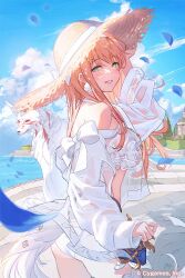 Rule 34 | 1girl, animal, bikini, blush, cloud, day, earrings, enyo (granblue fantasy), enyo (summer) (granblue fantasy), granblue fantasy, green eyes, hat, jewelry, long hair, looking at viewer, minaba hideo, off shoulder, official alternate costume, official art, orange hair, outdoors, petals, sky, smile, straw hat, swimsuit, white bikini, wolf