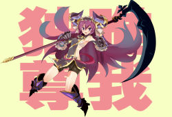 Rule 34 | 1girl, armpits, bike shorts, blush, body blush, boots, character request, clothing cutout, fang, full body, gauntlets, headdress, highres, horns, long hair, looking at viewer, oi ke, open mouth, purple eyes, purple hair, sangokushi puzzle taisen, scythe, side cutout, solo, weapon